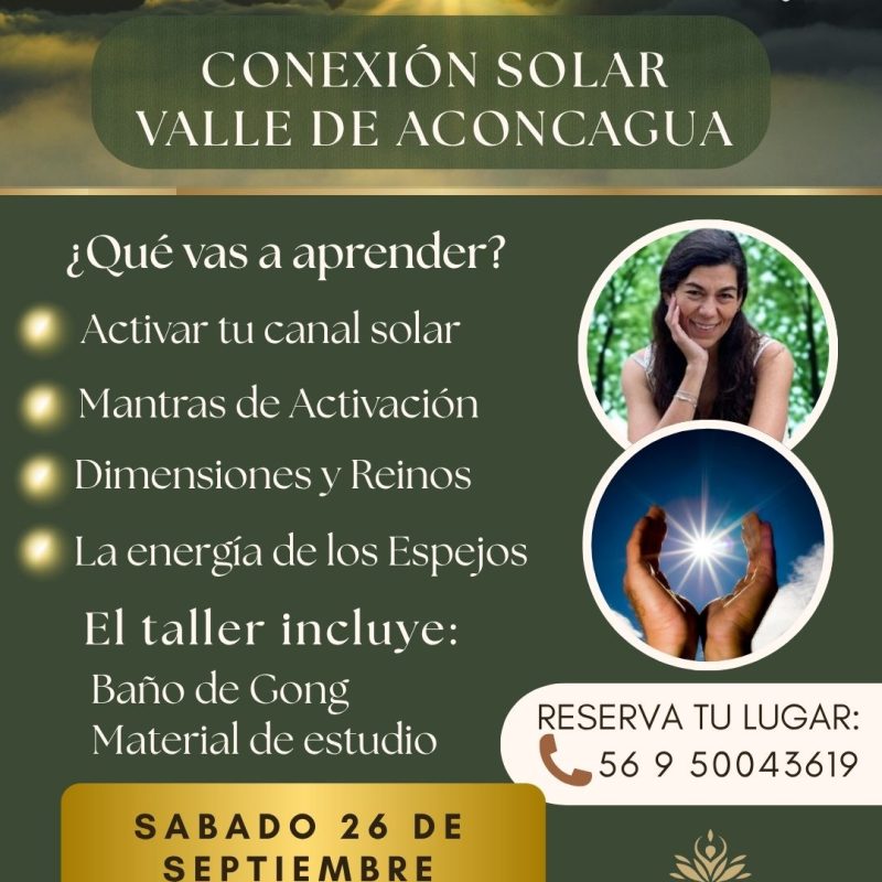 Afiche del taller Conexión Solar: canal solar, mantras de activación y baño de gong