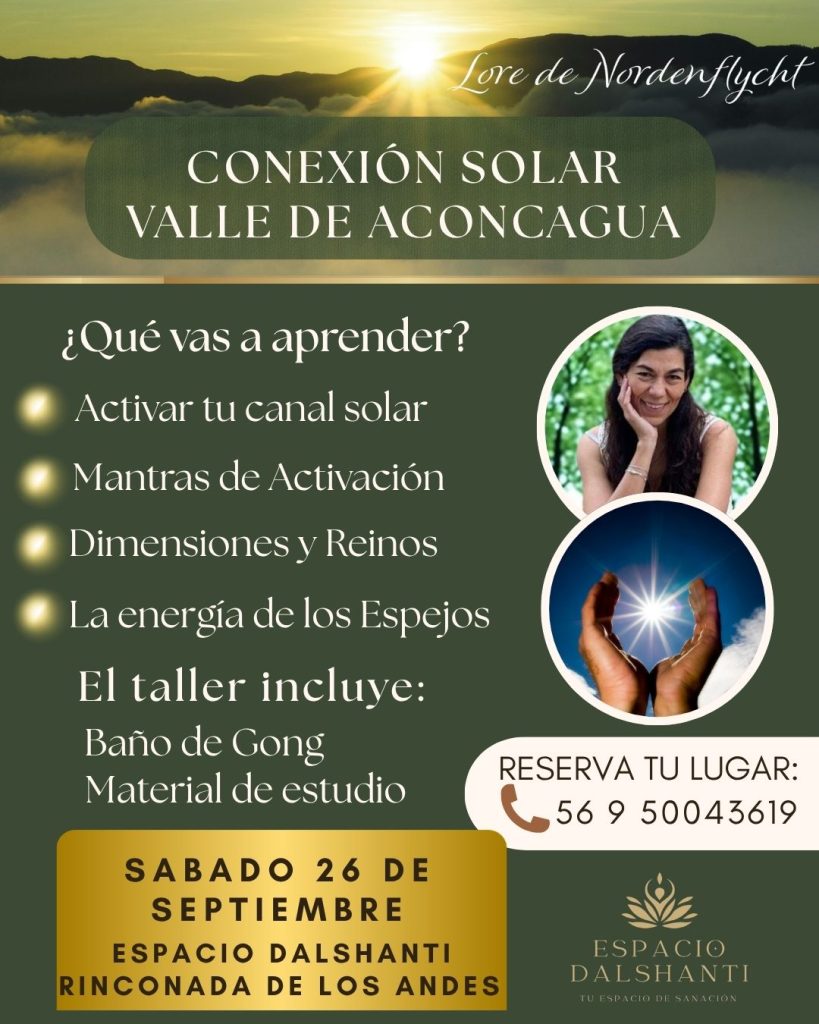 Afiche del taller Conexión Solar: canal solar, mantras de activación y baño de gong