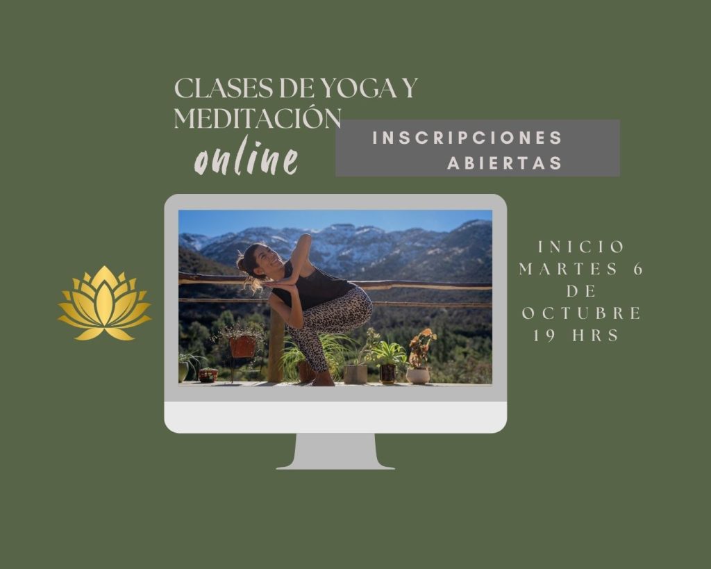 Afiche de clases de yoga y meditación en línea, con inicio el martes 6 de octubre a las 19 horas
