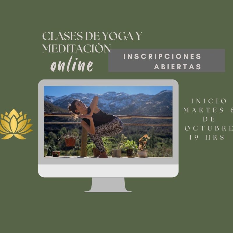Afiche de clases de yoga y meditación en línea, con inicio el martes 6 de octubre a las 19 horas