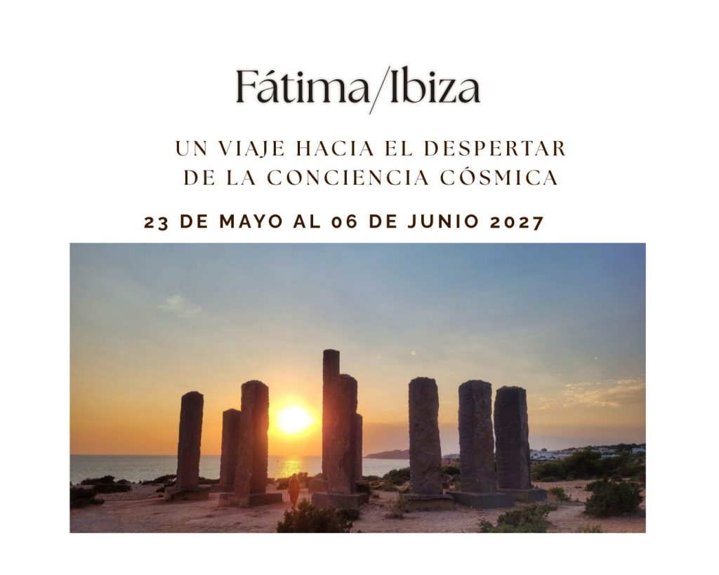 Afiche del viaje a Fátima e Ibiza del 23 de mayo al 6 de junio de 2027, con piedras al atardecer