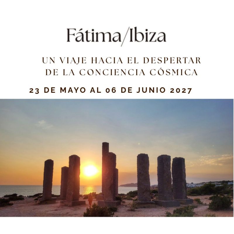 Afiche del viaje a Fátima e Ibiza del 23 de mayo al 6 de junio de 2027, con piedras al atardecer